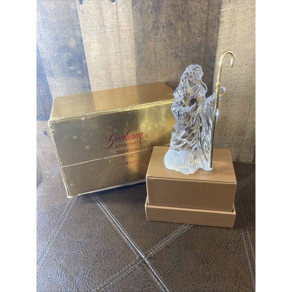 Gorham Crystal Nativity Shepherd Figurine with Frosted Lamb & Gold Staff Germany